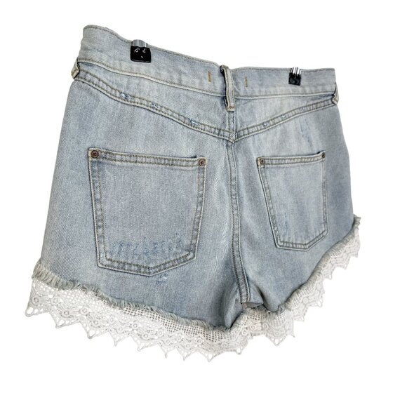 Free People Distressed Denim Lace-Trim Shorts, 26 - Picture 3 of 8